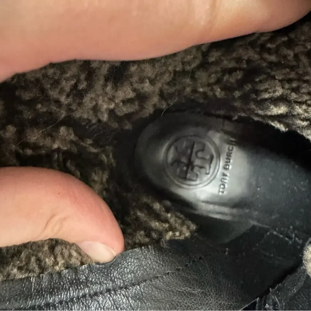 Tory Burch Black Leather Sherpa Lined Ankle Wedge Boots Booties Womens 8 Fall